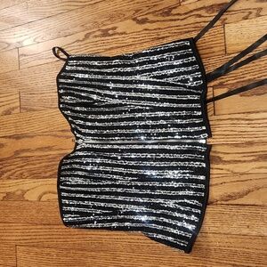 Sequins Silver Black Corset Tie Back Zipper Front Sweatheart Neck